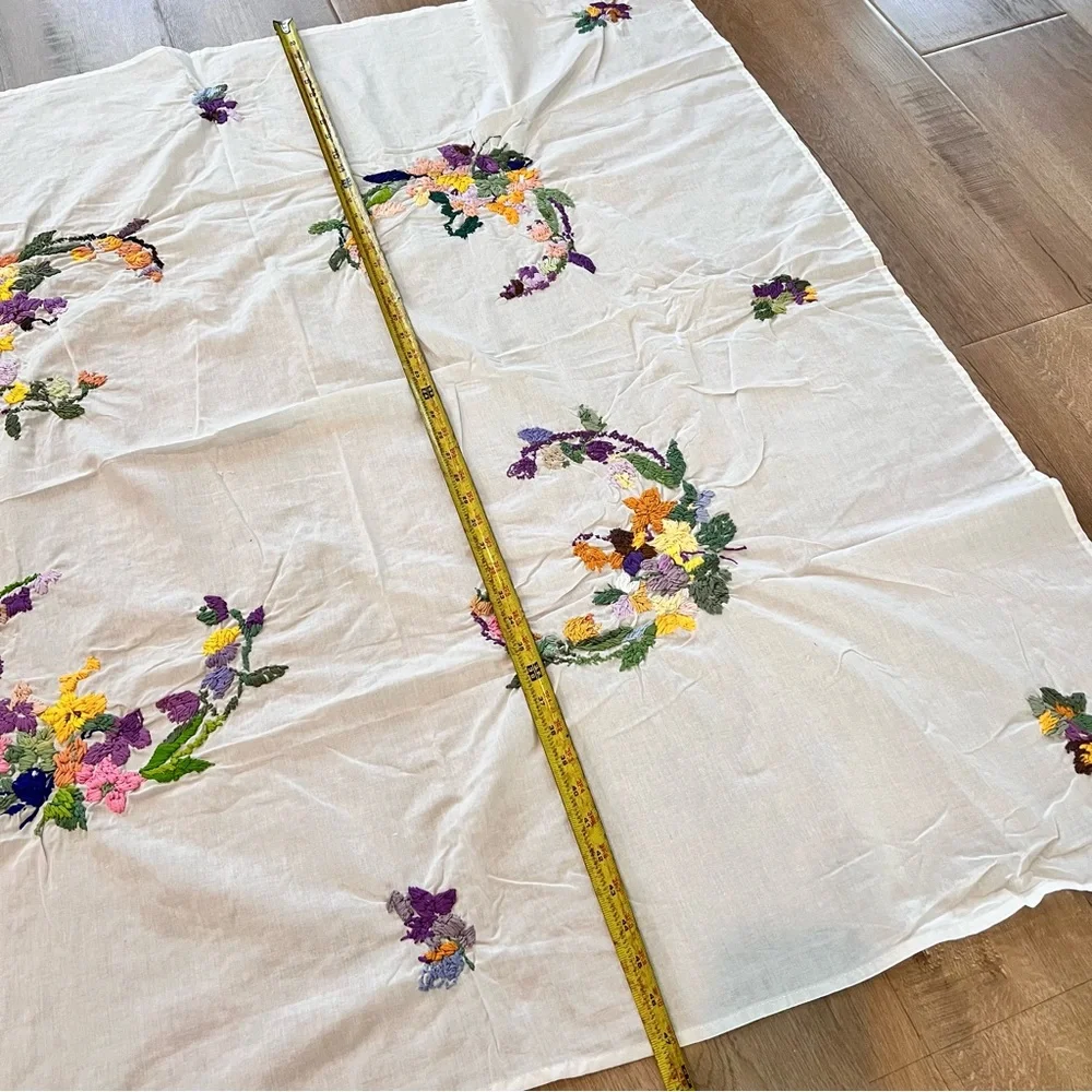 Vintage Hungary Cotton Polyester Square Tablecloth Embroidered Flowers 47”‎